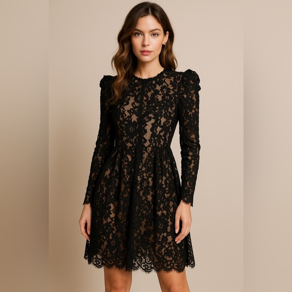 Michael Kors Lace Dress Black Puff Sleeve Nude Lining Floral Overlay Party SZ 4 - Picture 2 of 14